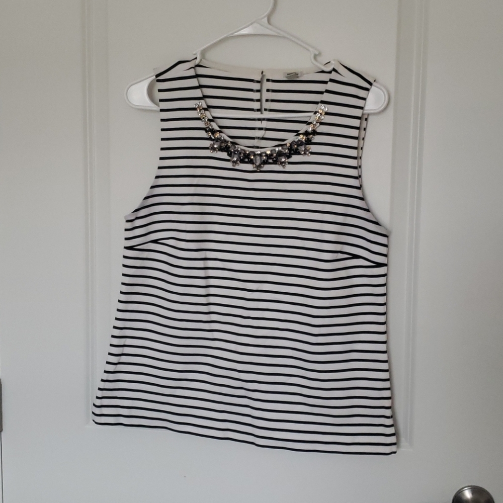 Jeweled Neck Black and White Stripe J. Crew Tank
